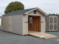 10x16 Peak Style Shed with Open Rampage Door And Pebble Clay Vinyl Siding