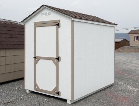 6x8 Madison Series Peak Style Storage Shed with White Siding and PC Clay Trim