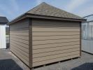10x14 Hip Roofline Storage Shed With Clay Horizontal Shiplap Siding, Bronze Trim, and Avocado Shutters